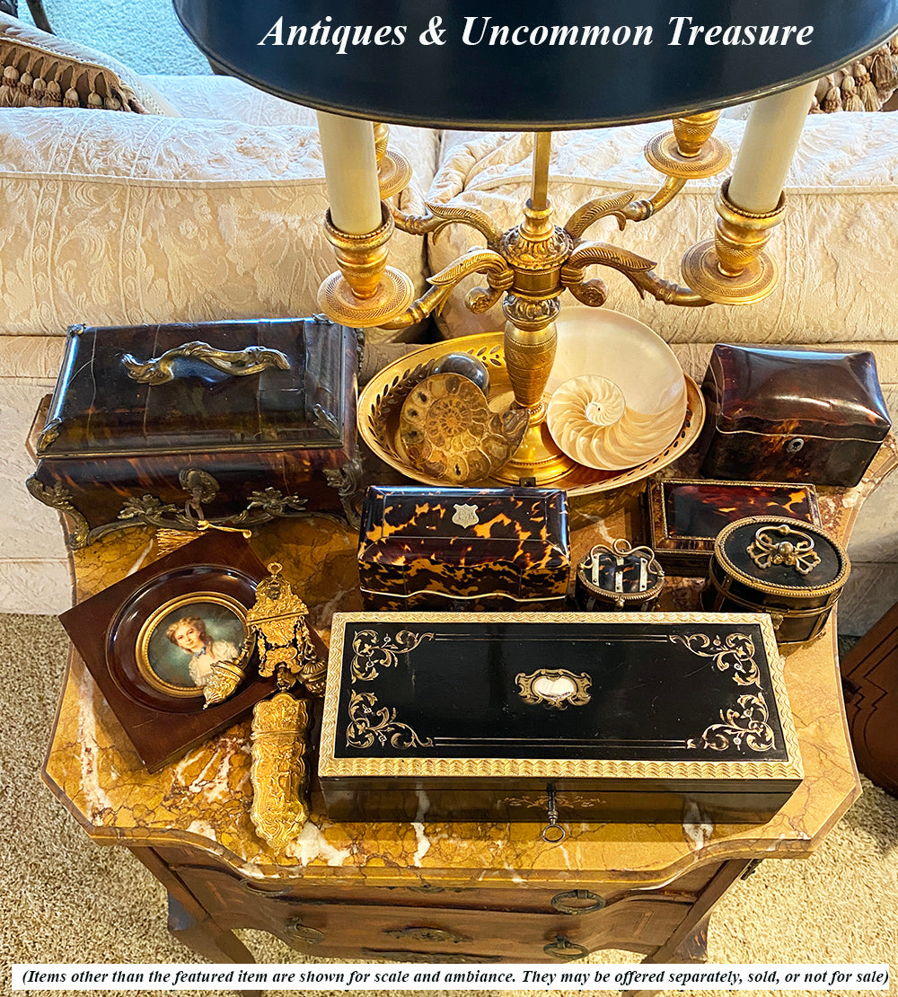 Antique French Napoleon III Ebonized Glove Box, Elaborate Edge and Boulle, Lock w Key