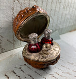 RARE Antique French Double Perfume Bottle & Funnel, Sterling Silver and Real Walnut Scent Caddy