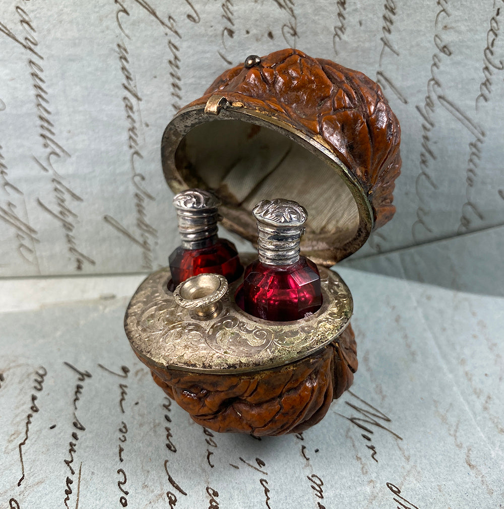 RARE Antique French Double Perfume Bottle & Funnel, Sterling Silver and Real Walnut Scent Caddy