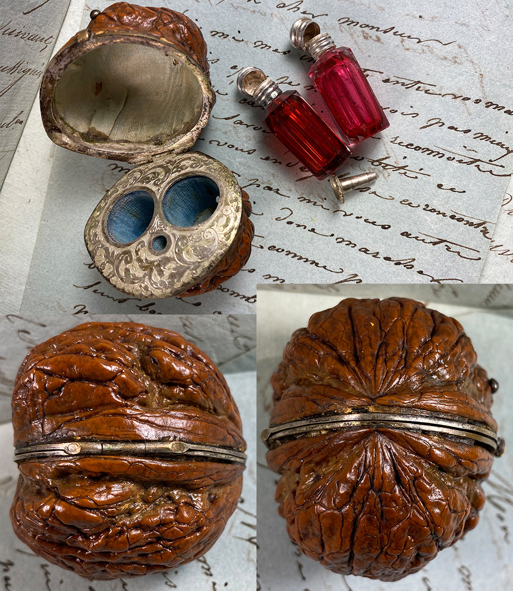 RARE Antique French Double Perfume Bottle & Funnel, Sterling Silver and Real Walnut Scent Caddy