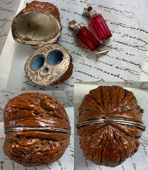 RARE Antique French Double Perfume Bottle & Funnel, Sterling Silver and Real Walnut Scent Caddy