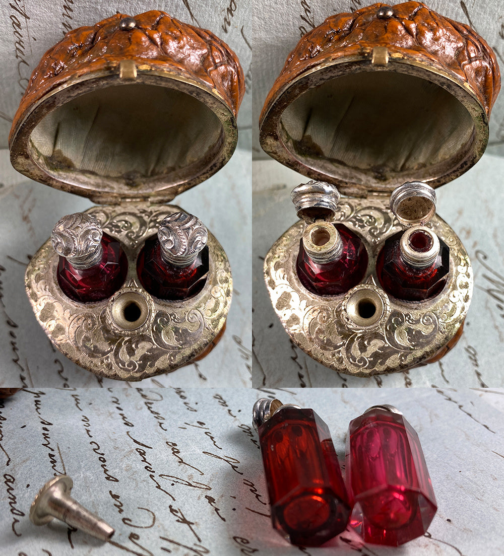 RARE Antique French Double Perfume Bottle & Funnel, Sterling Silver and Real Walnut Scent Caddy