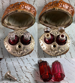 RARE Antique French Double Perfume Bottle & Funnel, Sterling Silver and Real Walnut Scent Caddy