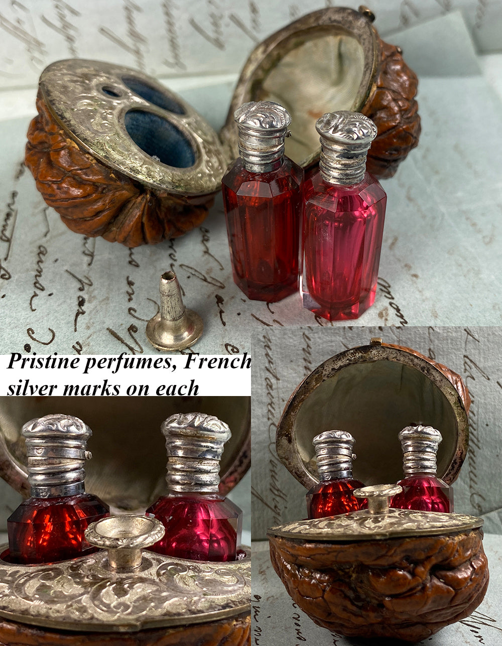 RARE Antique French Double Perfume Bottle & Funnel, Sterling Silver and Real Walnut Scent Caddy