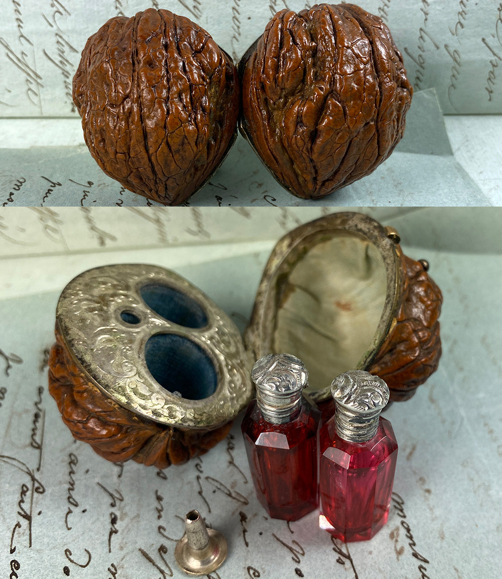 RARE Antique French Double Perfume Bottle & Funnel, Sterling Silver and Real Walnut Scent Caddy