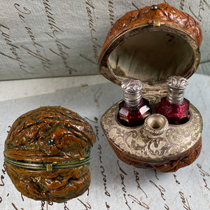 RARE Antique French Double Perfume Bottle & Funnel, Sterling Silver and Real Walnut Scent Caddy