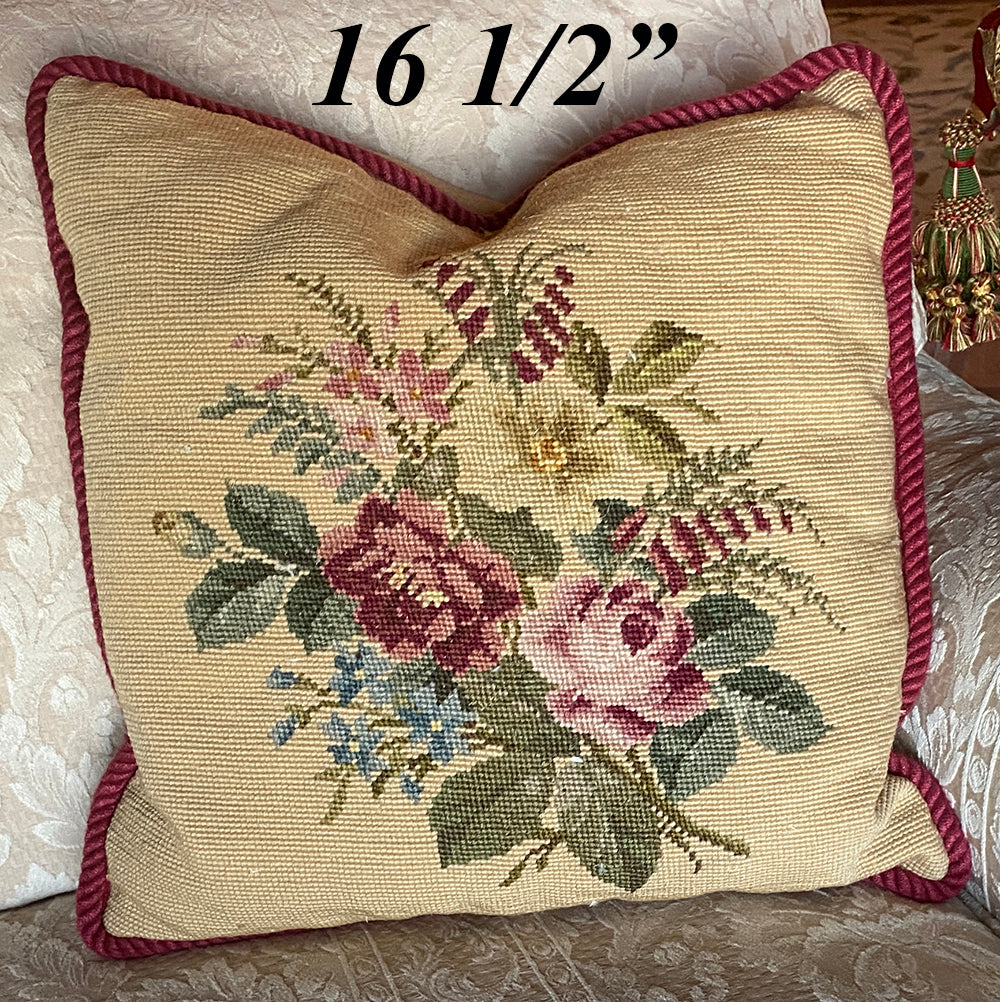 Antique Victorian Rose Needlepoint Panel made into 16.5" Throw Pillow, Down and Feather Fill