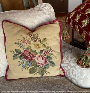 Antique Victorian Rose Needlepoint Panel made into 16.5" Throw Pillow, Down and Feather Fill