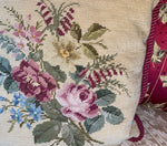 Antique Victorian Rose Needlepoint Panel made into 16.5" Throw Pillow, Down and Feather Fill