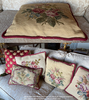 Antique Victorian Rose Needlepoint Panel made into 16.5" Throw Pillow, Down and Feather Fill