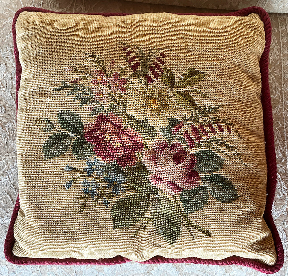 Antique Victorian Rose Needlepoint Panel made into 16.5" Throw Pillow, Down and Feather Fill