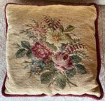 Antique Victorian Rose Needlepoint Panel made into 16.5" Throw Pillow, Down and Feather Fill