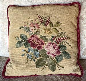 Antique Victorian Rose Needlepoint Panel made into 16.5" Throw Pillow, Down and Feather Fill