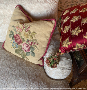 Antique Victorian Rose Needlepoint Panel made into 16.5" Throw Pillow, Down and Feather Fill