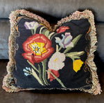 Antique French Needlepoint Fragment Throw Pillow, 16", Wool and Velvet, Lush Fringe