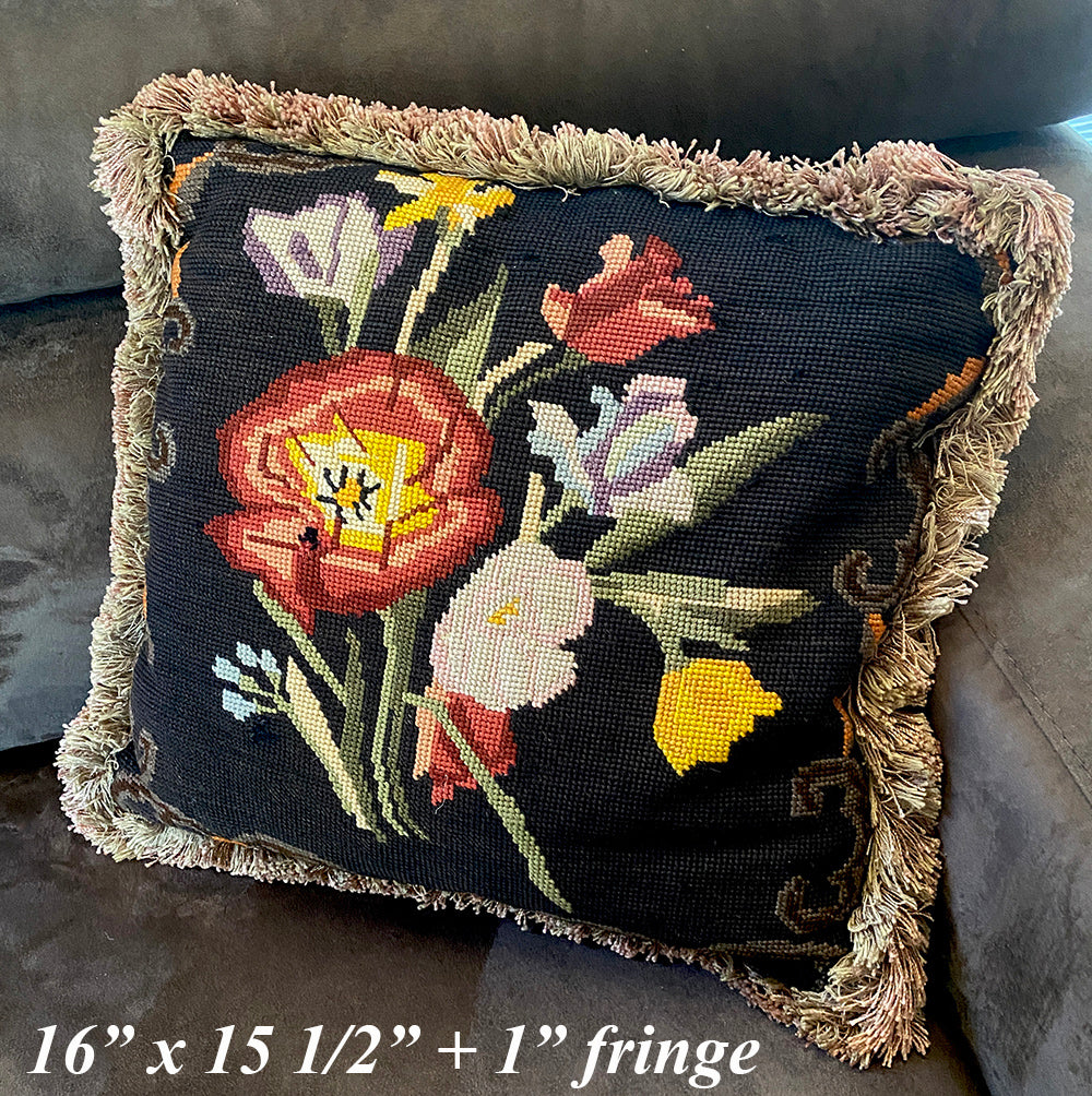 Antique French Needlepoint Fragment Throw Pillow, 16", Wool and Velvet, Lush Fringe