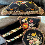 Antique French Needlepoint Fragment Throw Pillow, 16", Wool and Velvet, Lush Fringe