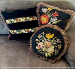 Antique French Needlepoint Fragment Throw Pillow, 16", Wool and Velvet, Lush Fringe