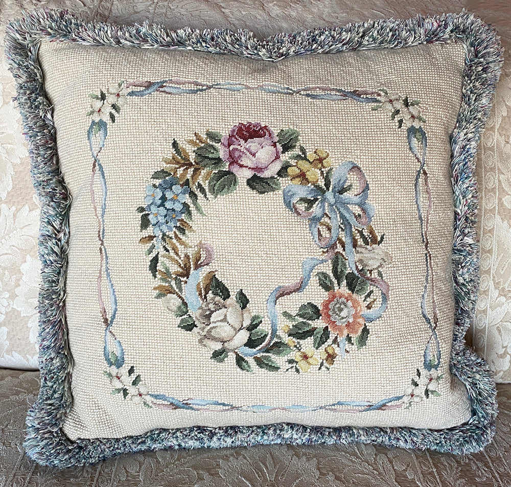 Vintage 17" Square Needlepoint and Petit Point Tapestry Throw Pillow, Down-Filled, Lush Fringe