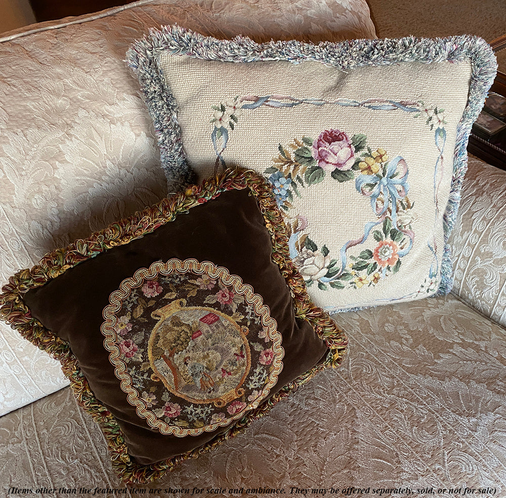 Vintage 17" Square Needlepoint and Petit Point Tapestry Throw Pillow, Down-Filled, Lush Fringe