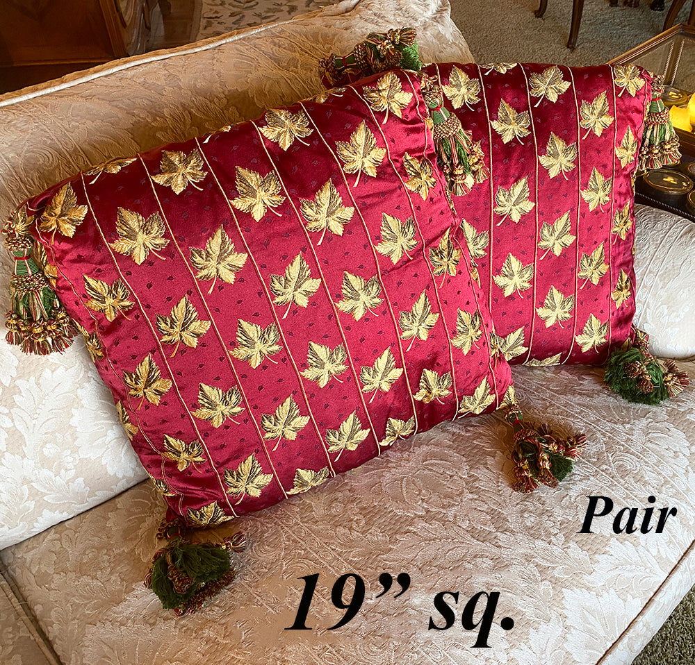 PAIR (2) Vintage 19" Square 100% Silk French Ribbon Top Throw Pillows, 8 French Passementerie 5" Tassels