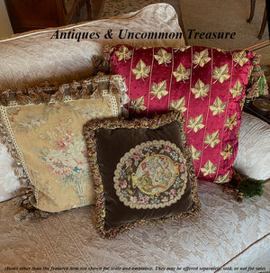 PAIR (2) Vintage 19" Square 100% Silk French Ribbon Top Throw Pillows, 8 French Passementerie 5" Tassels
