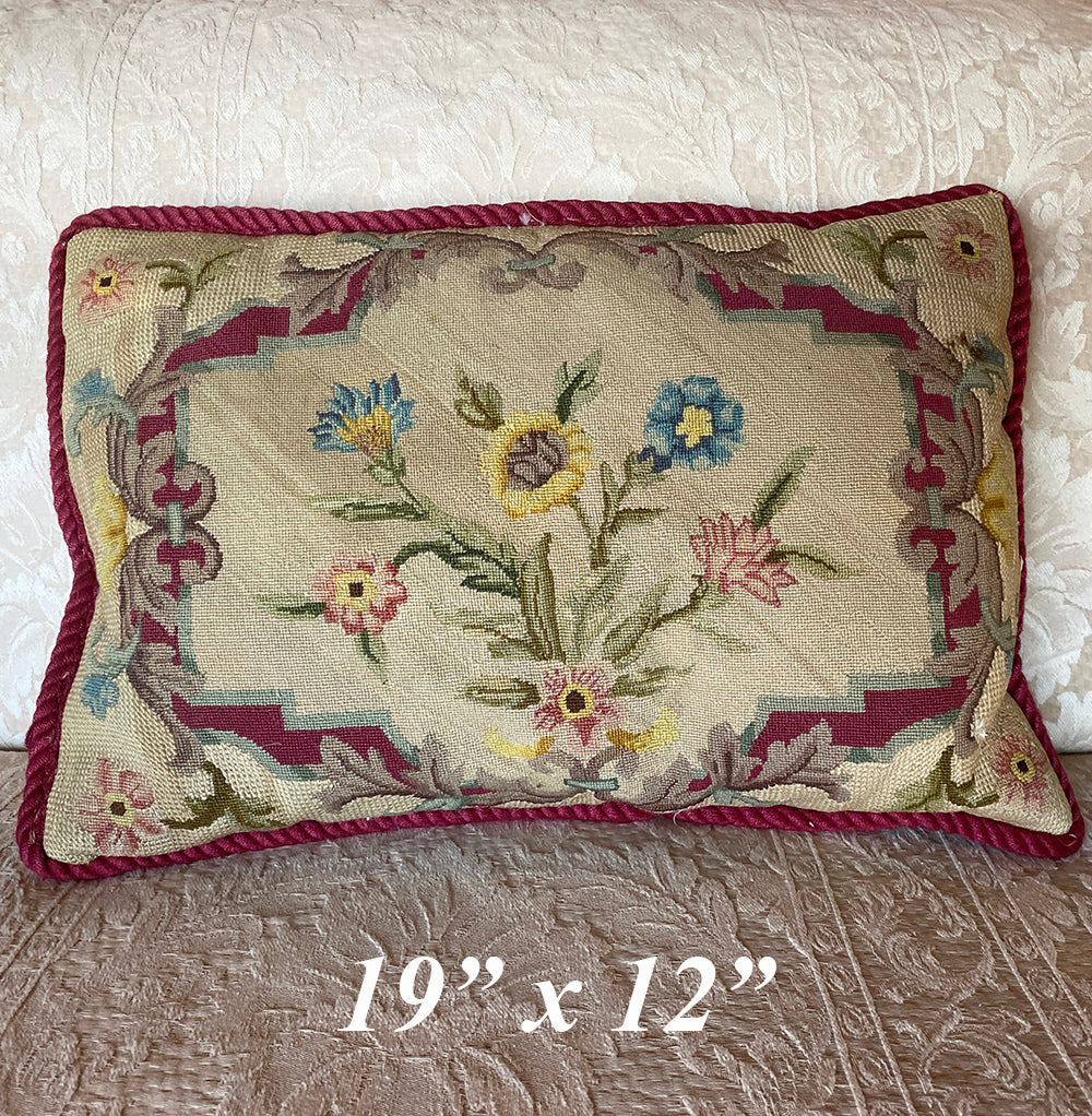 Antique Early Victorian Needlework Panel made up as Throw Pillow, 19" x 12" Needlepoint, Down and Feather Filled