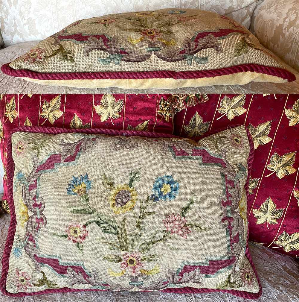 Antique Early Victorian Needlework Panel made up as Throw Pillow, 19" x 12" Needlepoint, Down and Feather Filled