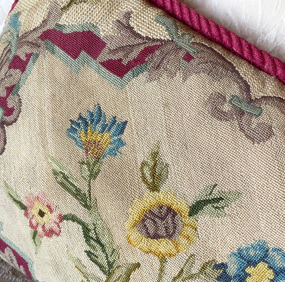 Antique Early Victorian Needlework Panel made up as Throw Pillow, 19" x 12" Needlepoint, Down and Feather Filled