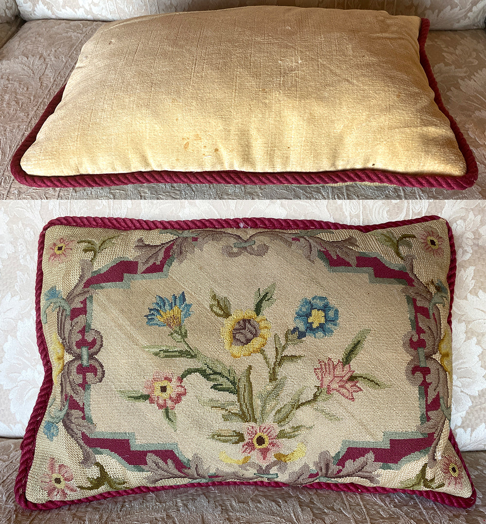 Antique Early Victorian Needlework Panel made up as Throw Pillow, 19" x 12" Needlepoint, Down and Feather Filled