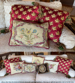 Antique Early Victorian Needlework Panel made up as Throw Pillow, 19" x 12" Needlepoint, Down and Feather Filled