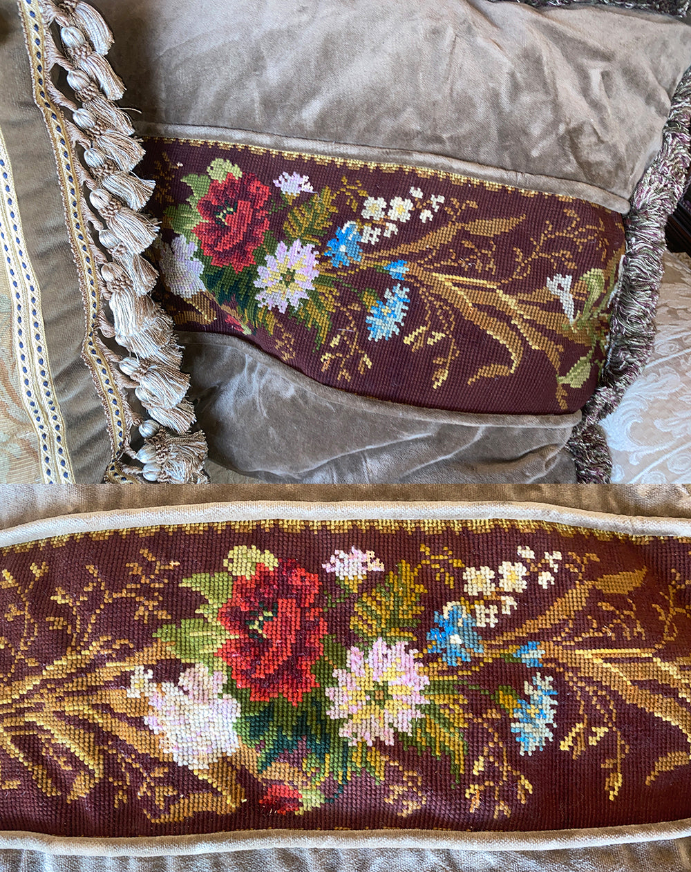 23" x 19" Down Filled Throw Pillow Made From Victorian Needlepoint Bell Pull Panel, Fragment
