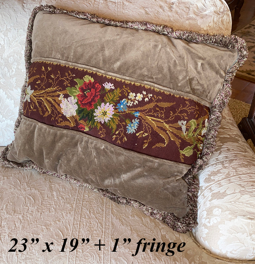 23" x 19" Down Filled Throw Pillow Made From Victorian Needlepoint Bell Pull Panel, Fragment