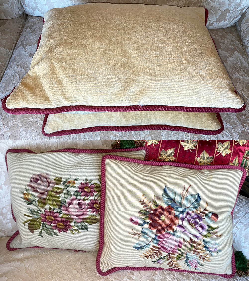 PAIR (2) Antique Needlepoint Embroidery Throw Pillows, Victorian Roses Wool Embroidery