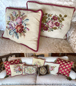 PAIR (2) Antique Needlepoint Embroidery Throw Pillows, Victorian Roses Wool Embroidery