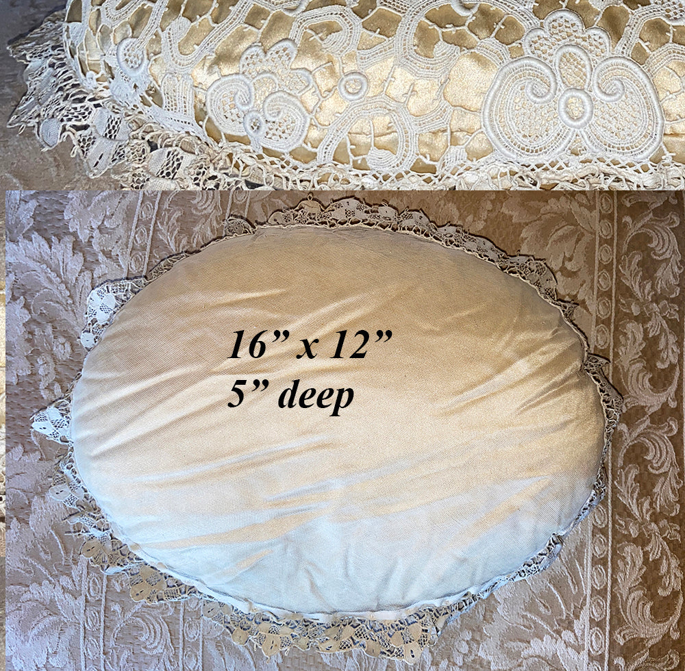 Antique Victorian 16" x 12" Handmade Bobbin Lace Sofa or Wedding Pillow, Lace Fringe Border