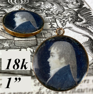 Tiny Antique French Portrait Miniature in 18k Gold Pendant, c.1795 Incroyables Young Man, Luxuriants Post French Revolution, Directoire