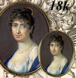 Antique French Portrait Miniature 18k Pendant, Young Woman, Tiara and Titan Haircut, Guillotine