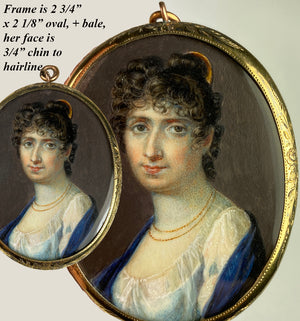 Antique French Portrait Miniature 18k Pendant, Young Woman, Tiara and Titan Haircut, Guillotine