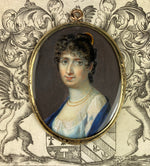 Antique French Portrait Miniature 18k Pendant, Young Woman, Tiara and Titan Haircut, Guillotine