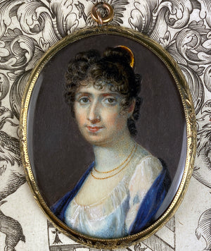 Antique French Portrait Miniature 18k Pendant, Young Woman, Tiara and Titan Haircut, Guillotine