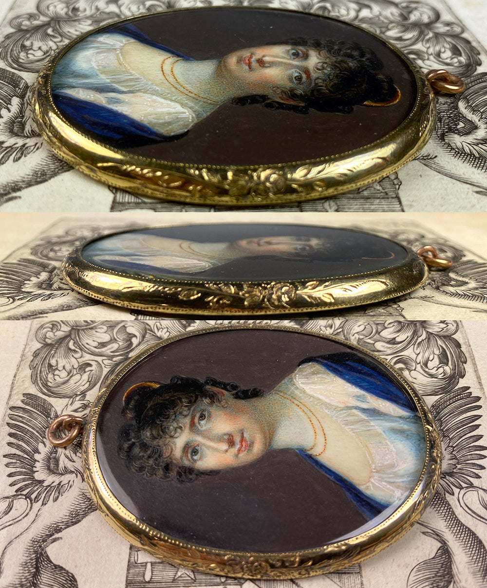 Antique French Portrait Miniature 18k Pendant, Young Woman, Tiara and Titan Haircut, Guillotine