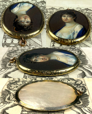 Antique French Portrait Miniature 18k Pendant, Young Woman, Tiara and Titan Haircut, Guillotine