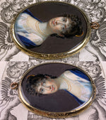 Antique French Portrait Miniature 18k Pendant, Young Woman, Tiara and Titan Haircut, Guillotine