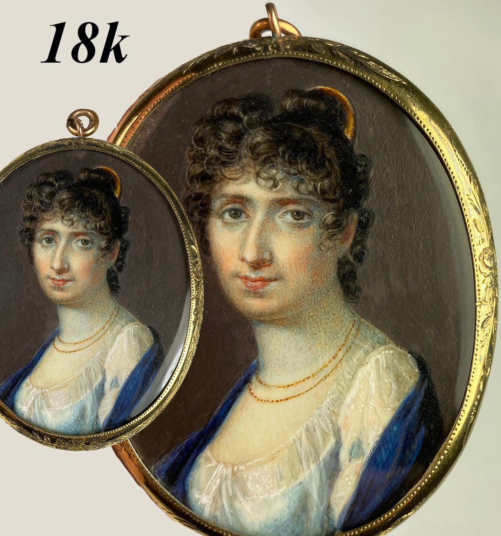 Antique French Portrait Miniature 18k Pendant, Young Woman, Tiara and Titan Haircut, Guillotine