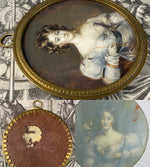 Elegant Antique French Portrait Miniature, Quizzing Glass & Jewelry Interest, Beautiful Woman, c.1820s