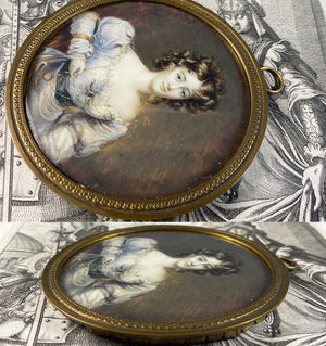 Elegant Antique French Portrait Miniature, Quizzing Glass & Jewelry Interest, Beautiful Woman, c.1820s