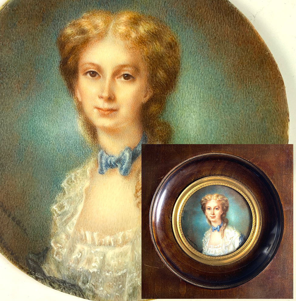 Antique French Portrait Miniature of a Beautiful Blond Woman, Brown Eyes, Signed by Artist, Aprés Cécile Villeneuve (1824-1901)