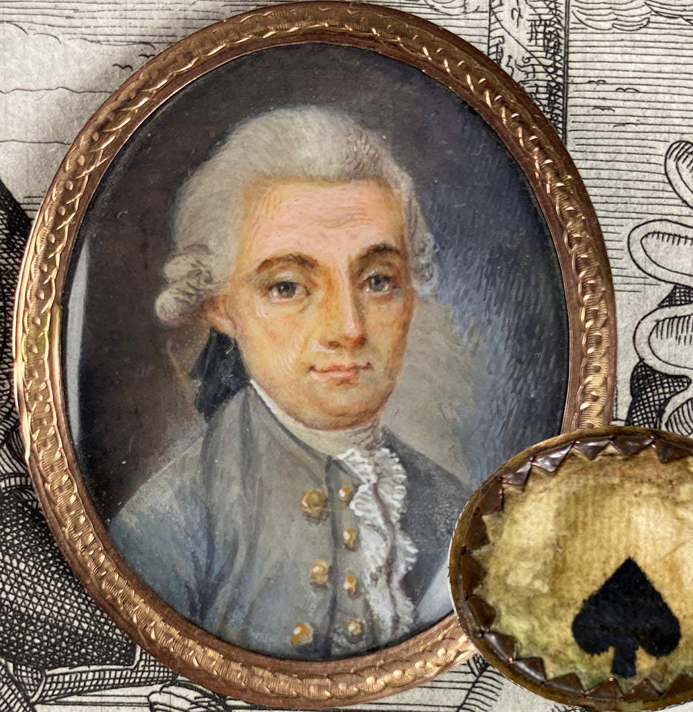 Petit Antique c.1750 - 1870s French Portrait Miniature, 18k Face Plate, Gentleman in Powdered Wig, Spade on Back