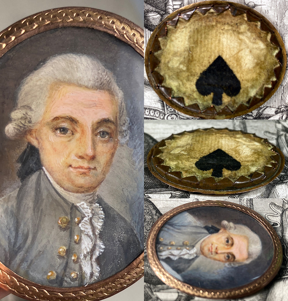 Petit Antique c.1750 - 1870s French Portrait Miniature, 18k Face Plate, Gentleman in Powdered Wig, Spade on Back